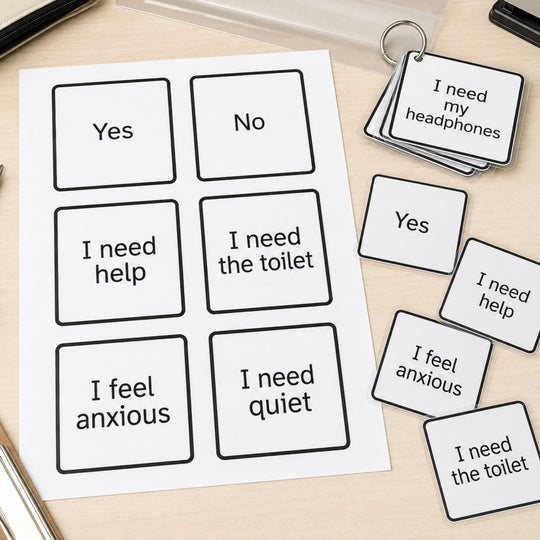 Set of flashcards with text on a desk