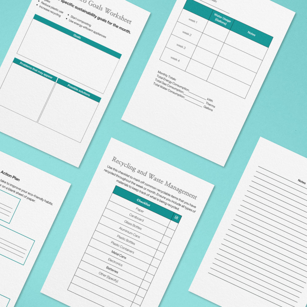 A selection of Eco-Friendly Lifestyle Tracker worksheets on a blue background