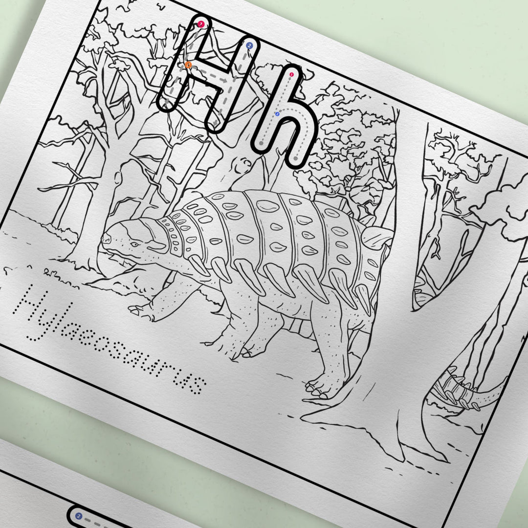 A-Z Dino Coloring Book showing the letter H on a green background