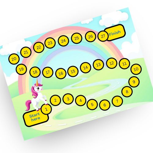 Children's game board with a unicorn design and numbered circles on a white background