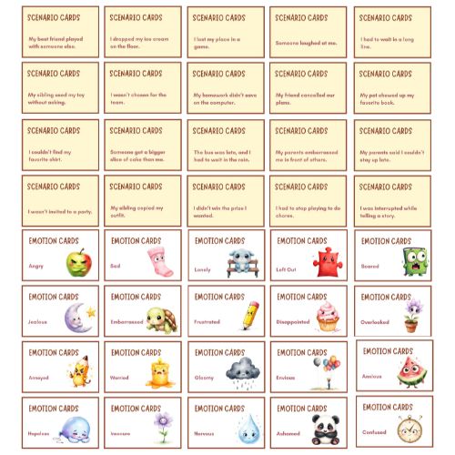 Collection of scenario and emotion cards with colorful illustrations on a white background