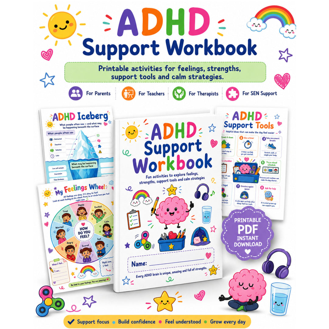 ADHD Support Workbook with colorful design and tools for parents, teachers, and therapists.