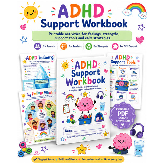 ADHD Support Workbook with colorful design and tools for parents, teachers, and therapists.