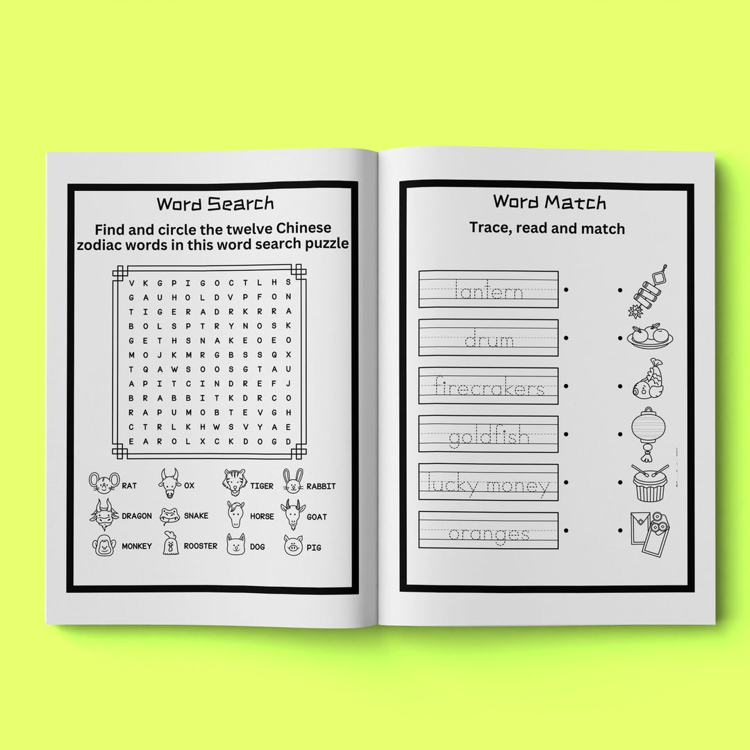an open workbook for kids on a yellow background