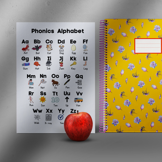 phonics set for early learners and ESL students with an apple and notebook