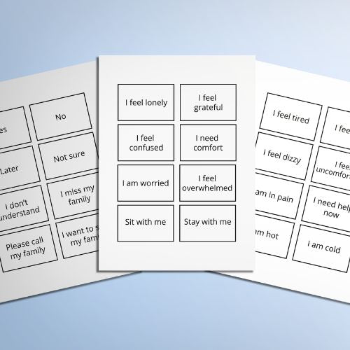 Three sheets of printed cards with emotional states on a light blue background