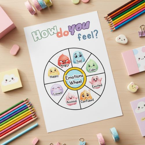 Emotions wheel chart on a desk with colorful stationery items