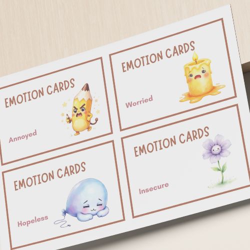Emotion cards with cartoon illustrations and text on a white background