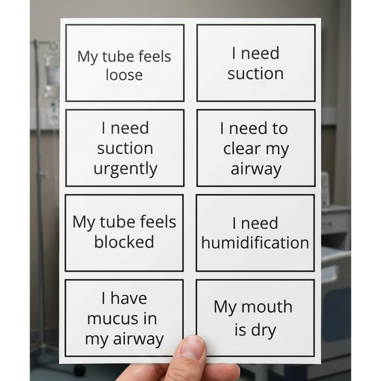 Hand holding a card with medical symptoms and corresponding actions in a hospital setting