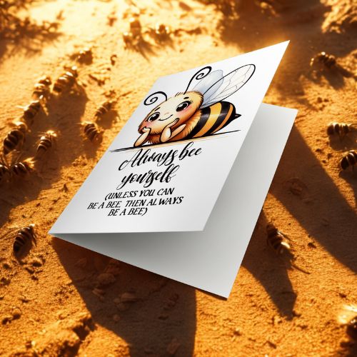 Greeting card with a bee illustration and text on a sandy background