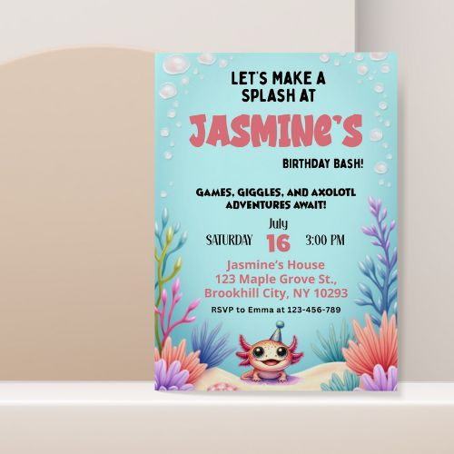 Birthday party invitation with axolotl design on a light blue background