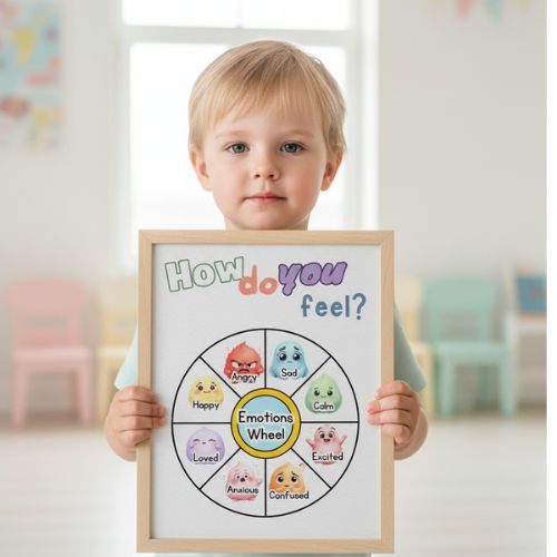 Child holding a framed emotions wheel poster with colorful emojis and text.