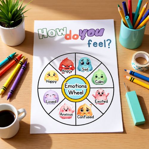 Emotions wheel chart on a desk with stationery items