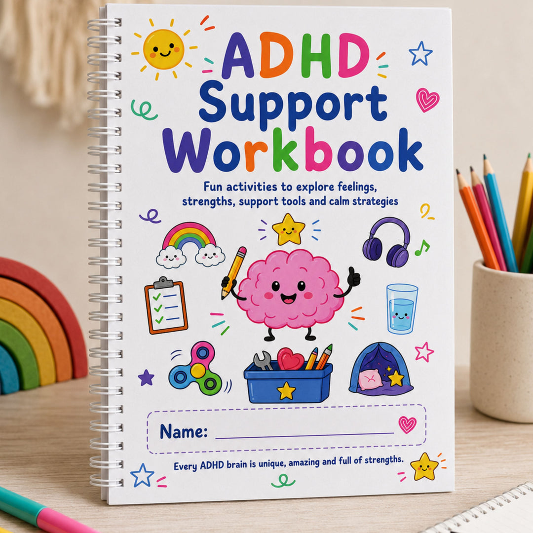 ADHD Support Workbook for Kids  with colorful  illustrations on a wooden surface