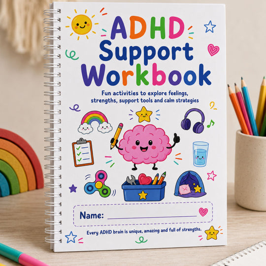 ADHD Support Workbook for Kids  with colorful  illustrations on a wooden surface