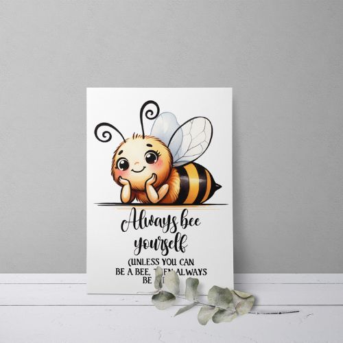 Cartoon bee with a humorous quote on a white background