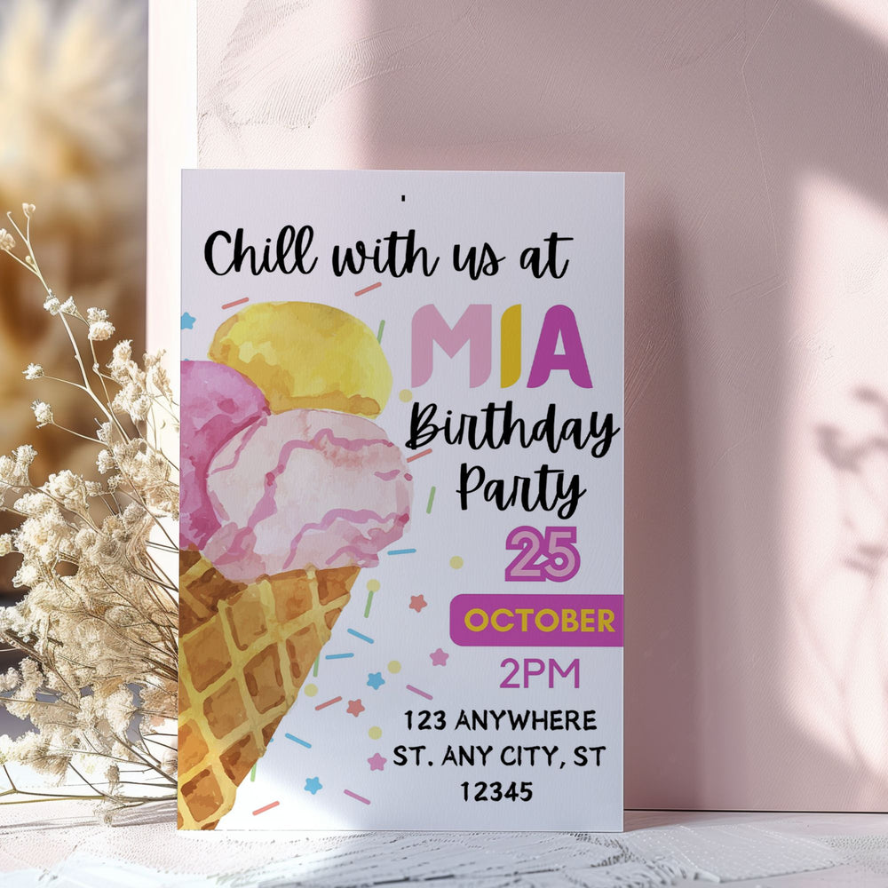 An Editable Kids Birthday Party Invitations with an ice cream illustration standing against a pink wall