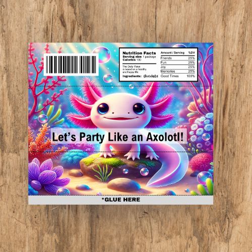 Axolotl-themed product packaging with colorful design and text on a wooden surface