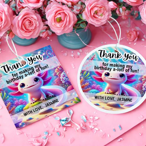 Personalized Editable Axolotl Birthday Favor Tags with axolotl illustration and decorative tag on a pink background with flowers.
