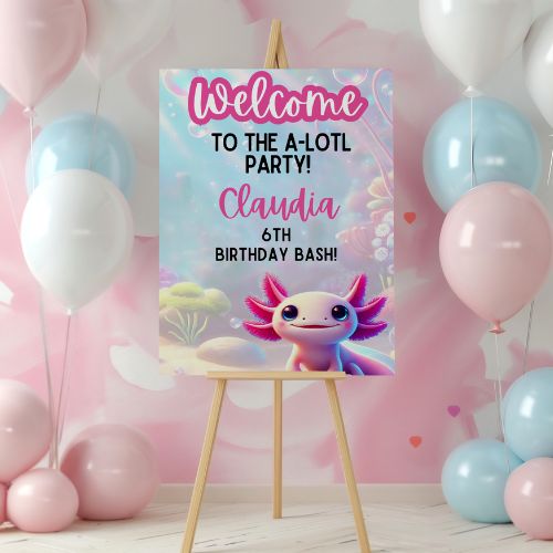 Editable Axolotl Birthday Welcome Sign  with axolotl illustration and balloons in the background