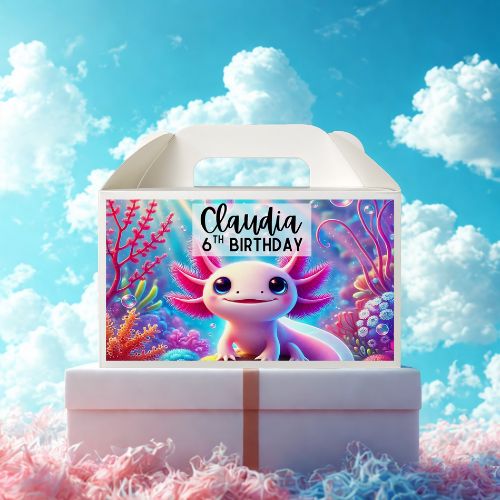 Gift box with axolotl design and 'Claudia 6th Birthday' text against a blue sky with clouds.