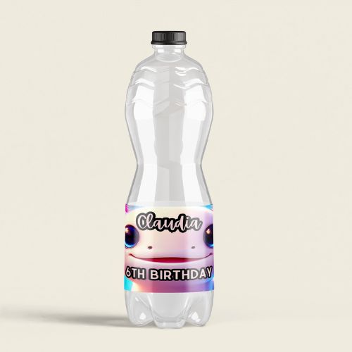 Clear plastic bottle with a colorful label featuring the name 'Claudia' and '6th Birthday' on a beige background