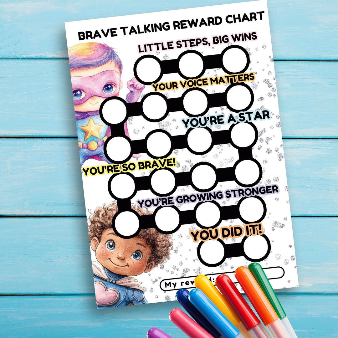 Boys Brave Talking  Reward Chart on a blue wood background with some colored pens