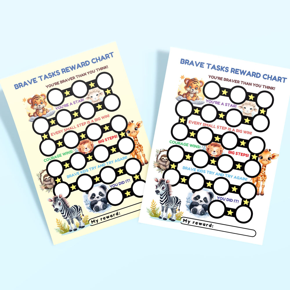 two Printable Brave Tasks Reward Chart on a blue background