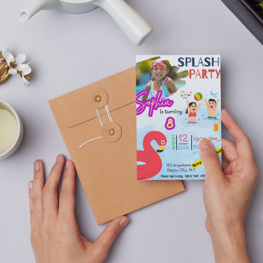 a handholding a colourful kids splash party invite
