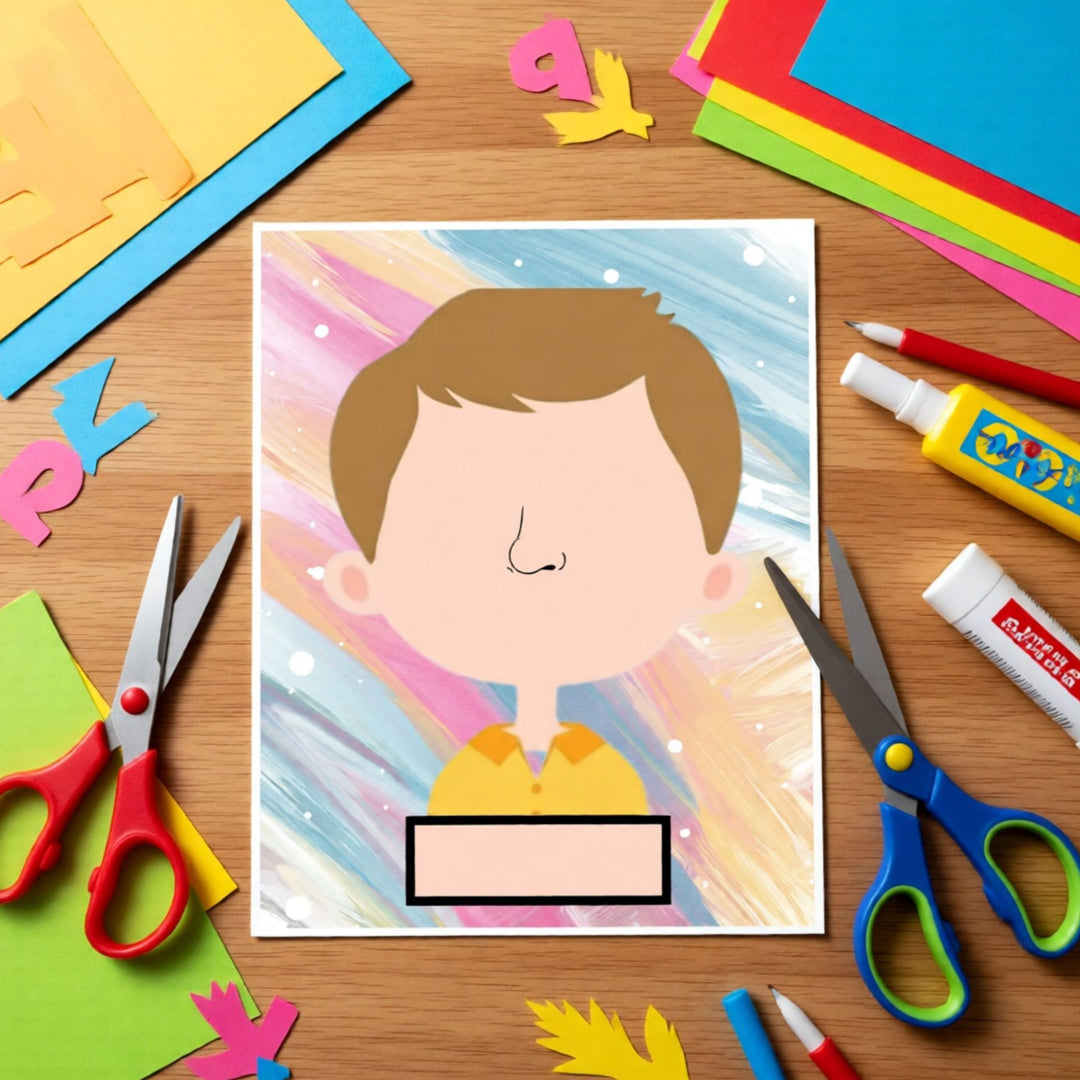 A colorful custom illustration print of a cartoon boy's face with blank areas, displayed on a wooden desk surrounded by craft supplies like scissors, paper, and markers. Feelings & Emotions Build-a-Face Printable