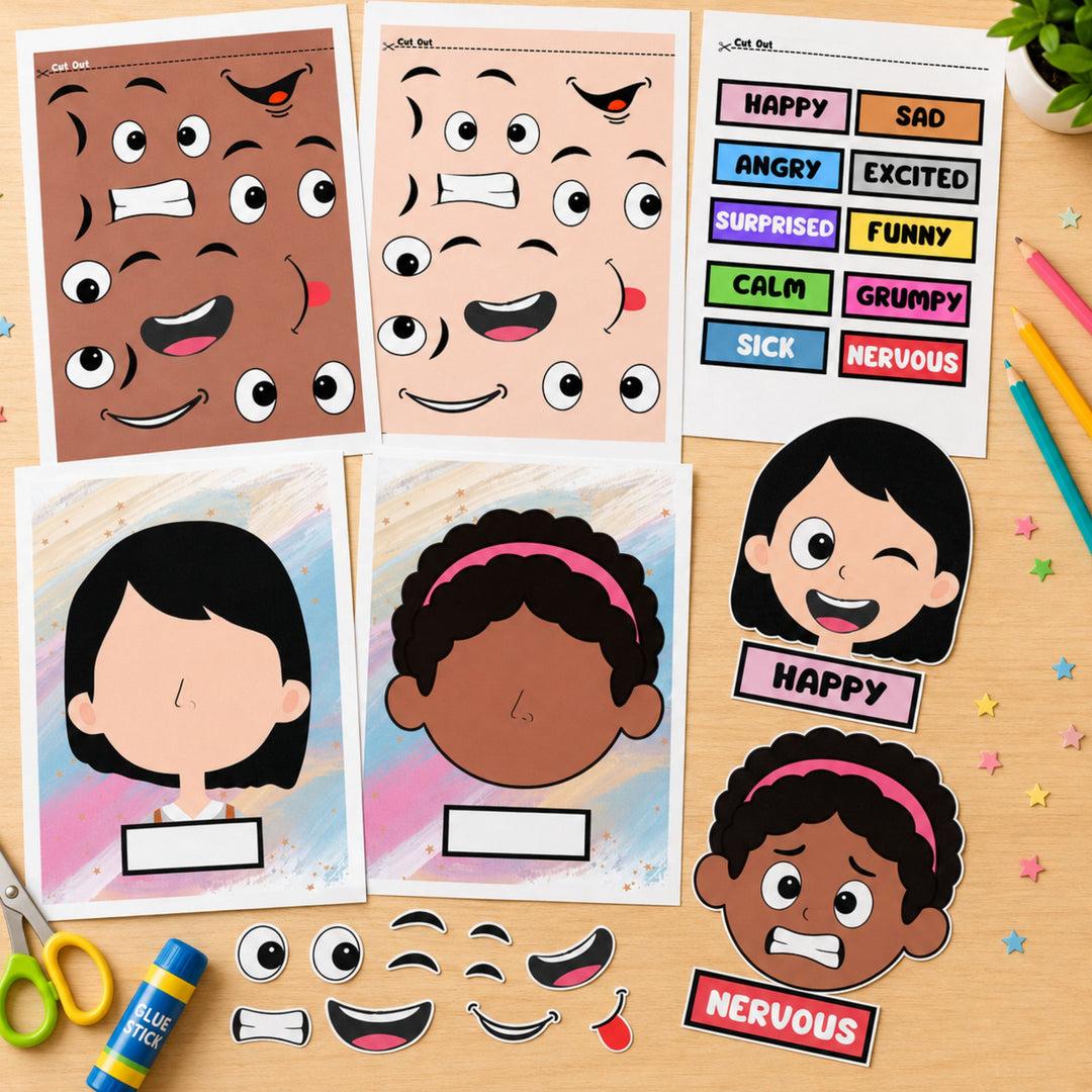 A set of printable and physical children's emotion and expression stickers arranged on a wooden desk. The set includes face stickers with different skin tones and expressions, a sheet of emotion words, cartoon girl face stickers, and small facial feature stickers.