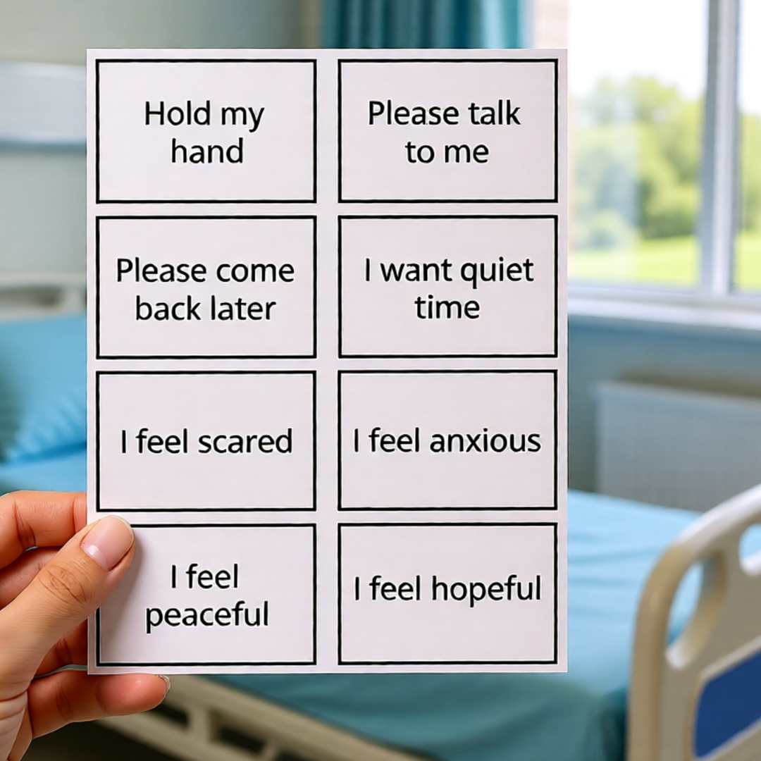 Hand holding a card with emotional state indicators in a hospital setting