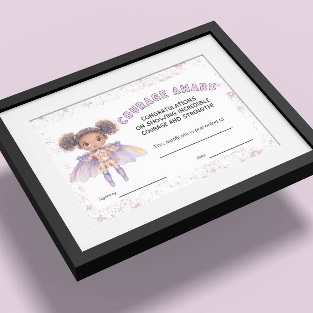 a Printable Courage Award for Children in a black frame