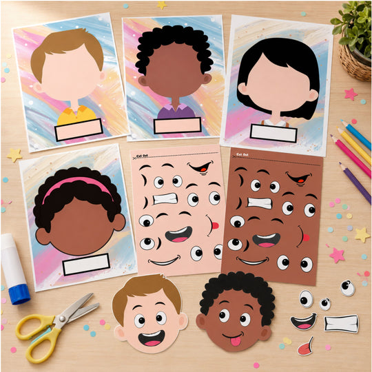 A set of children's face craft activity cards and paper cutouts arranged on a light wood tabletop with scissors, glue, colored pencils, and a small plant. The cards show cartoon portraits of children with blank face areas, and the cutouts include multiple facial features and two larger face pieces.