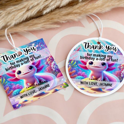 Two personalized gift Editable Axolotl Birthday Favor Tags  with a cartoon axolotl character on a pink background.