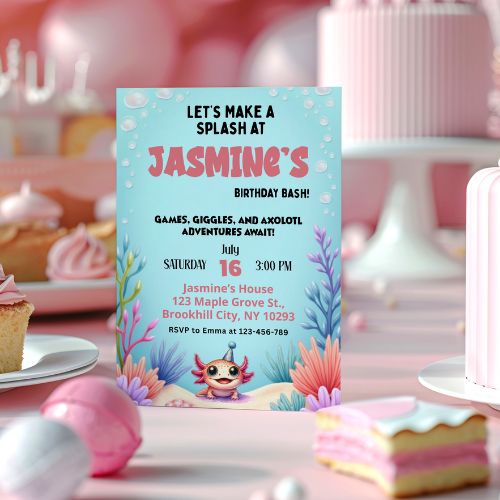Birthday party invitation with undersea theme on a table with cake and cupcakes.