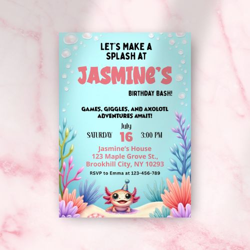 Editable Axolotl Birthday Invitation with  on a pink and blue background