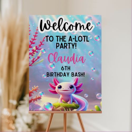 Editable Axolotl Birthday Welcome Sign n with axolotl character and personalized text on a stand.