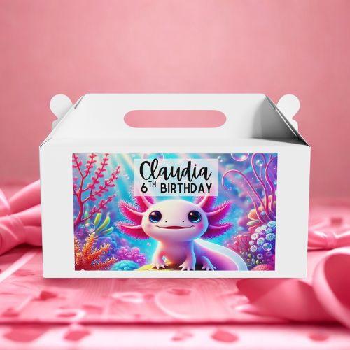 Editable Axolotl Gable Box Label  with axolotl design and personalized text on a pink background