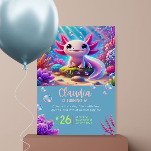 Editable Axolotl Underwater Birthday Invitation  with a balloon on a beige background