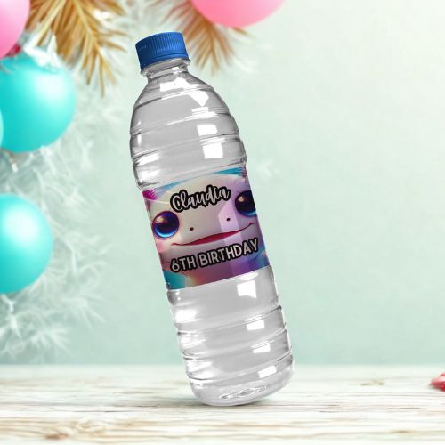 Editable Axolotl Water Bottle Label  with a personalized label featuring a unicorn design and text, against a festive background with balloons.