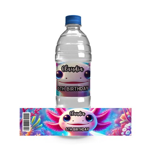 Water bottle with a colorful label featuring a character and text on a white background
