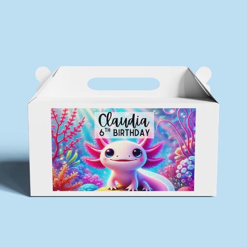 Editable Axolotl Gable Box Label  with axolotl design and personalized text on a blue background