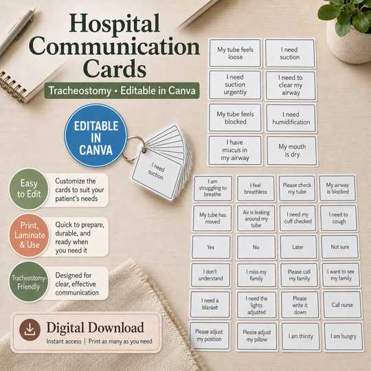 Editable Communication Cards for Tracheostomy Patients on a desk with stationery items.