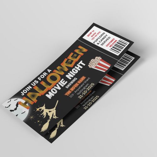 Editable Halloween Movie Night Ticket design with black background, orange text, and festive graphics.