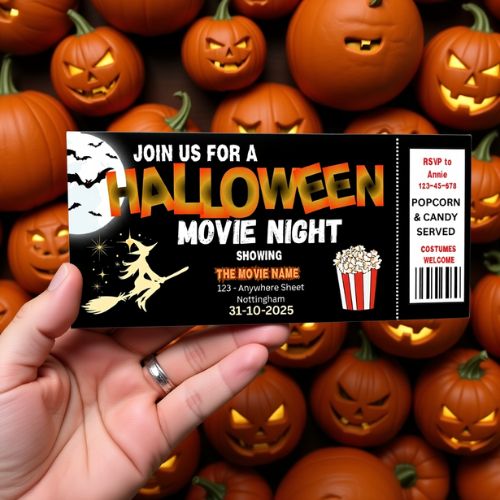 Editable Halloween Movie Night Ticket  held in front of pumpkins