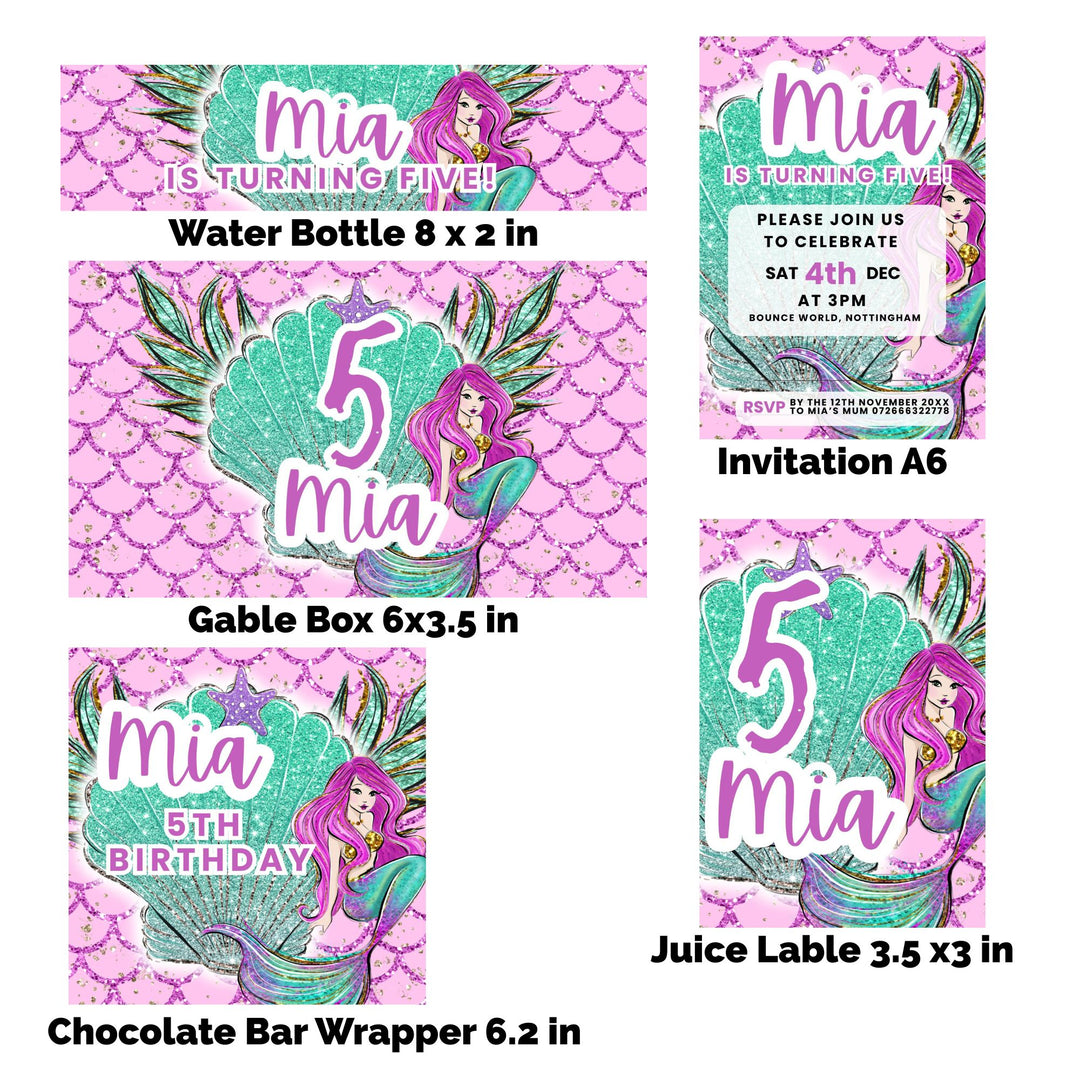 Mermaid-themed birthday party items including an invitation, water bottle label, gable box label, juice label, and chocolate bar wrapper. part of the Editable Mermaid Birthday Bundle Canva Templates 