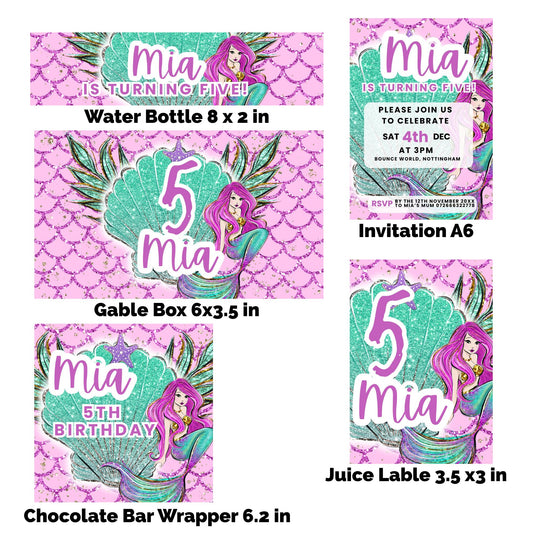 Mermaid-themed birthday party items including an invitation, water bottle label, gable box label, juice label, and chocolate bar wrapper. part of the Editable Mermaid Birthday Bundle Canva Templates 