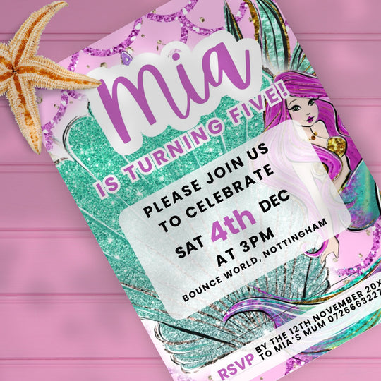 Mermaid-themed birthday invitation with starfish on a pink background
