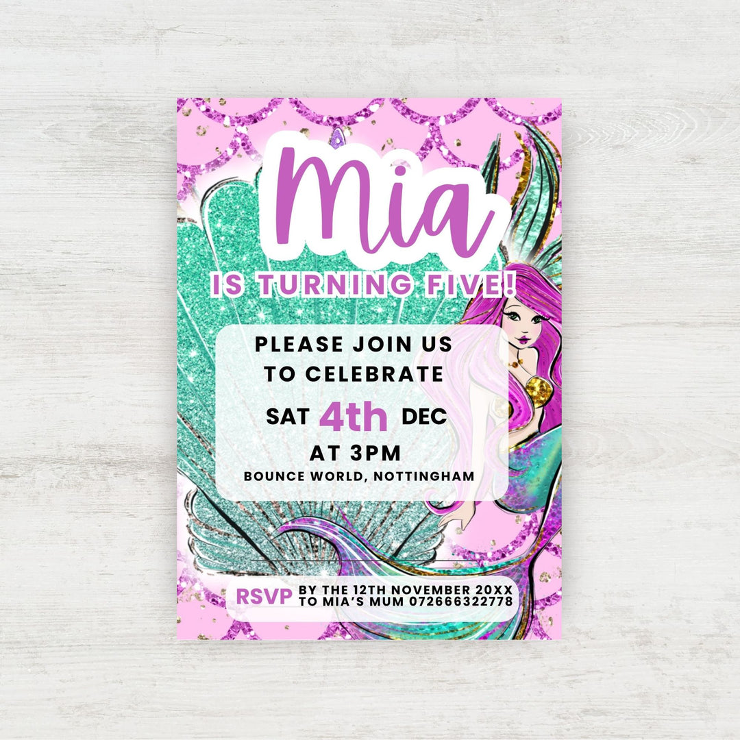 Birthday invitation card with mermaid design on a light gray background